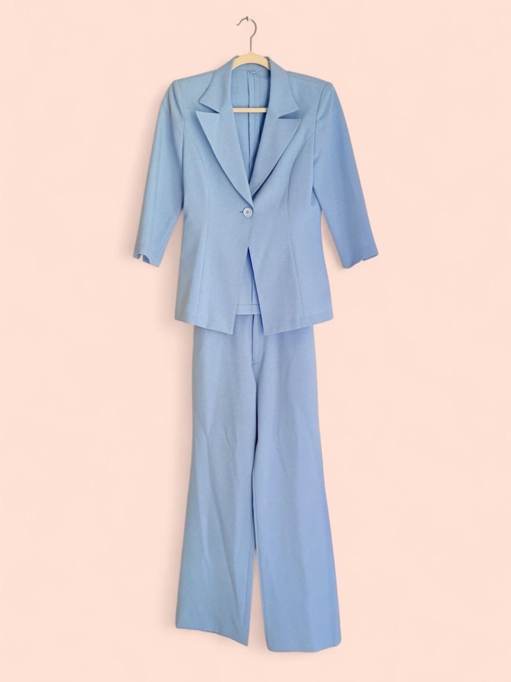 1970s Powder Blue Leisure Suit Two-Piece Suit Jacket & Wide-Leg Pants XS